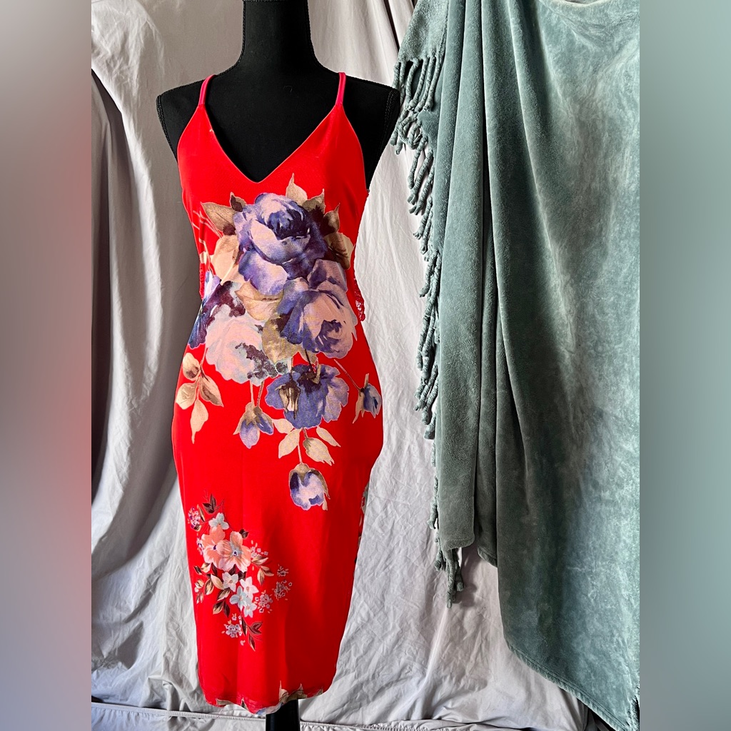 Vibrant Red Floral Knee-Length Slip Dress